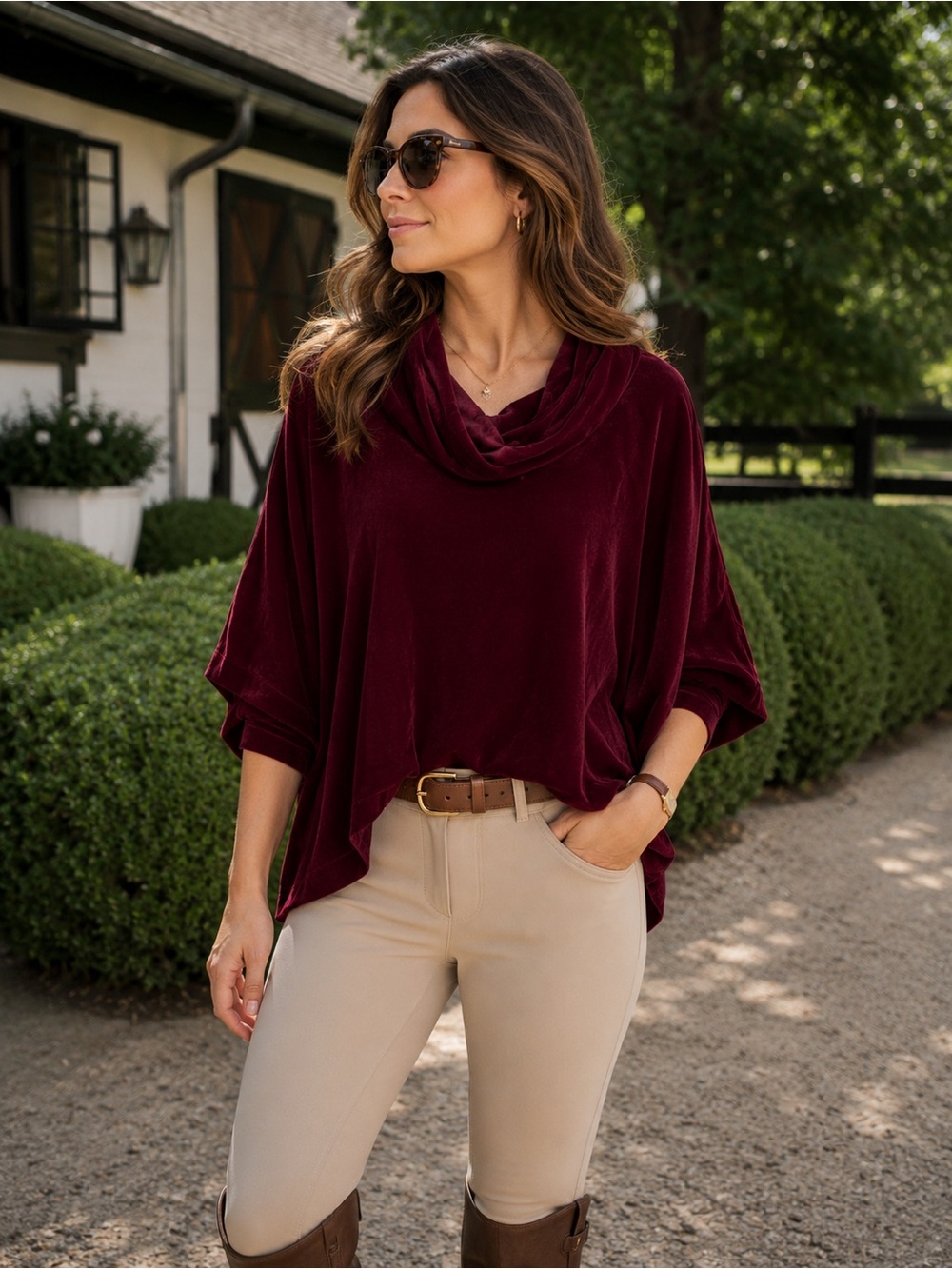 EILEEN FISHER Burgundy Oversized Silk Blend Dolman Sleeve Velvet Cowl Neck, XS